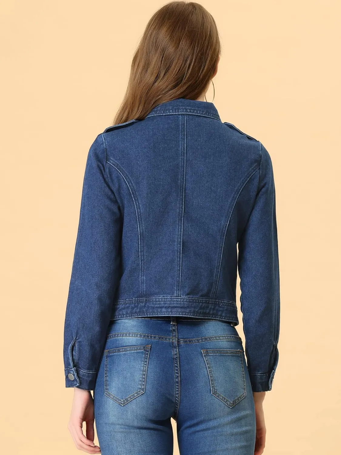 Allegra K Women's Chic Denim Jackets Notched Collar Inclined Zip Closure Biker Motocycle Jacket Outerwear