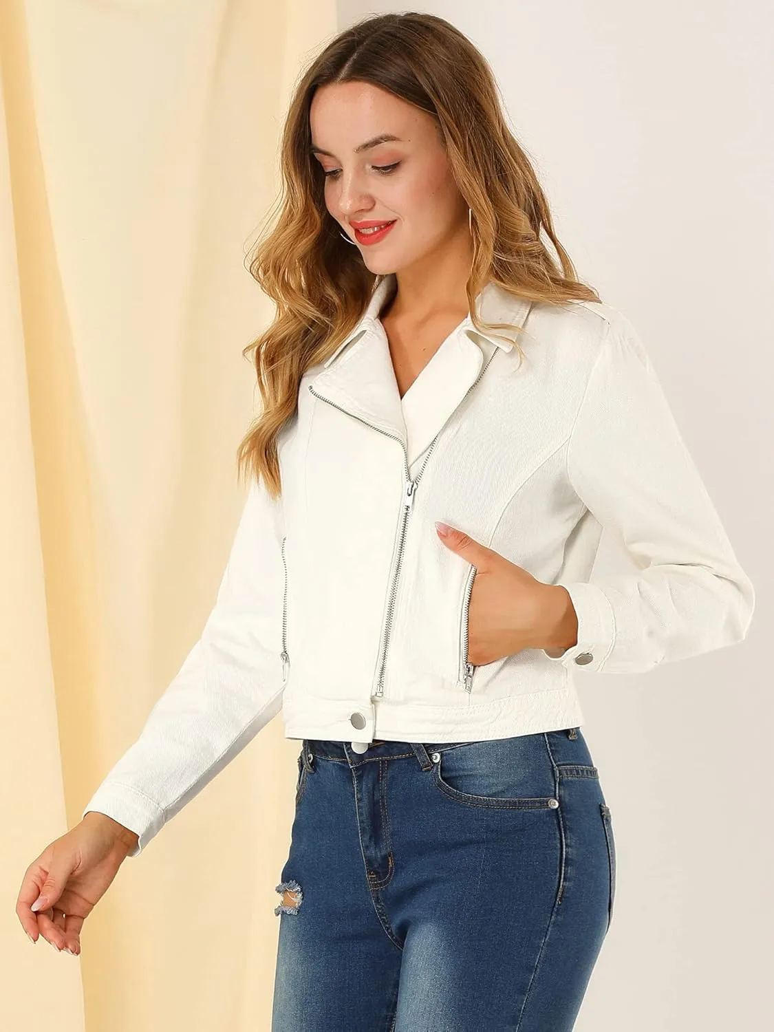 Allegra K Women's Chic Denim Jackets Notched Collar Inclined Zip Closure Biker Motocycle Jacket Outerwear