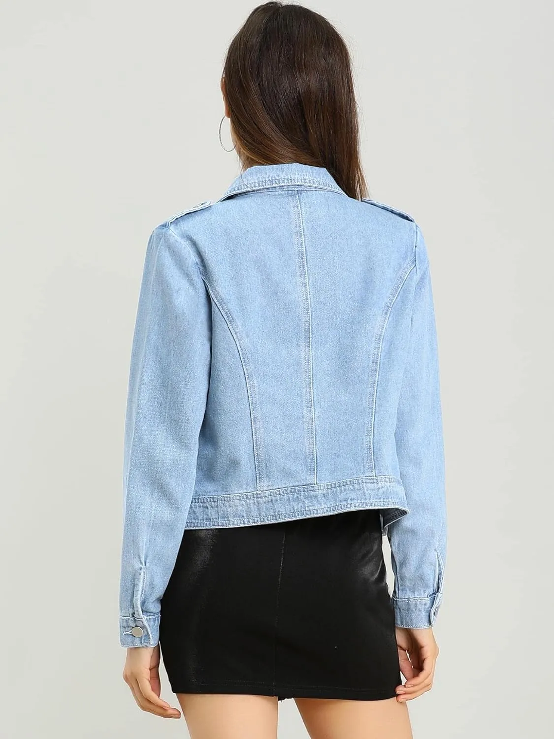 Allegra K Women's Chic Denim Jackets Notched Collar Inclined Zip Closure Biker Motocycle Jacket Outerwear