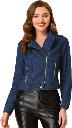 Allegra K Women's Chic Denim Jackets Notched Collar Inclined Zip Closure Biker Motocycle Jacket Outerwear