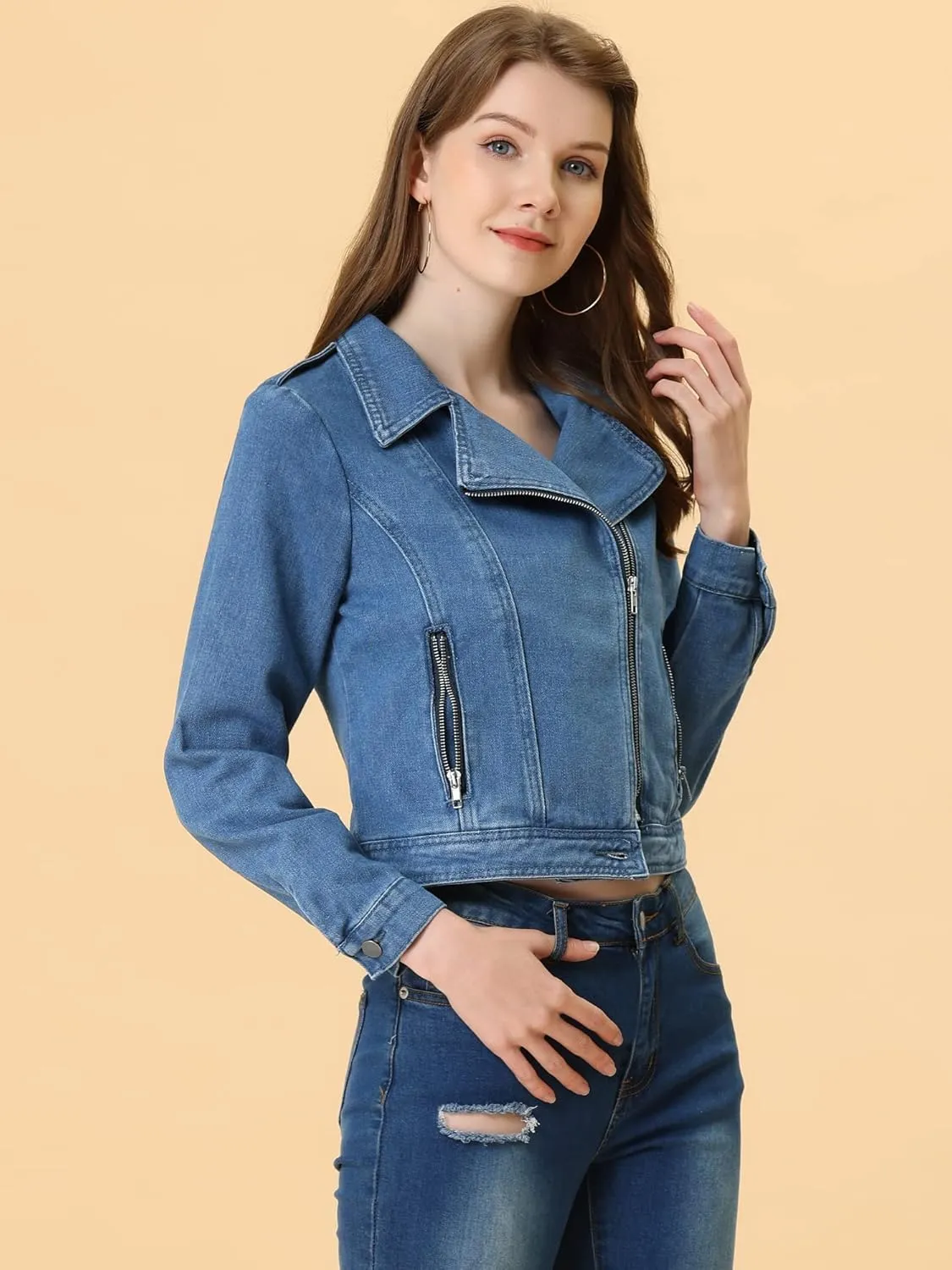 Allegra K Women's Chic Denim Jackets Notched Collar Inclined Zip Closure Biker Motocycle Jacket Outerwear