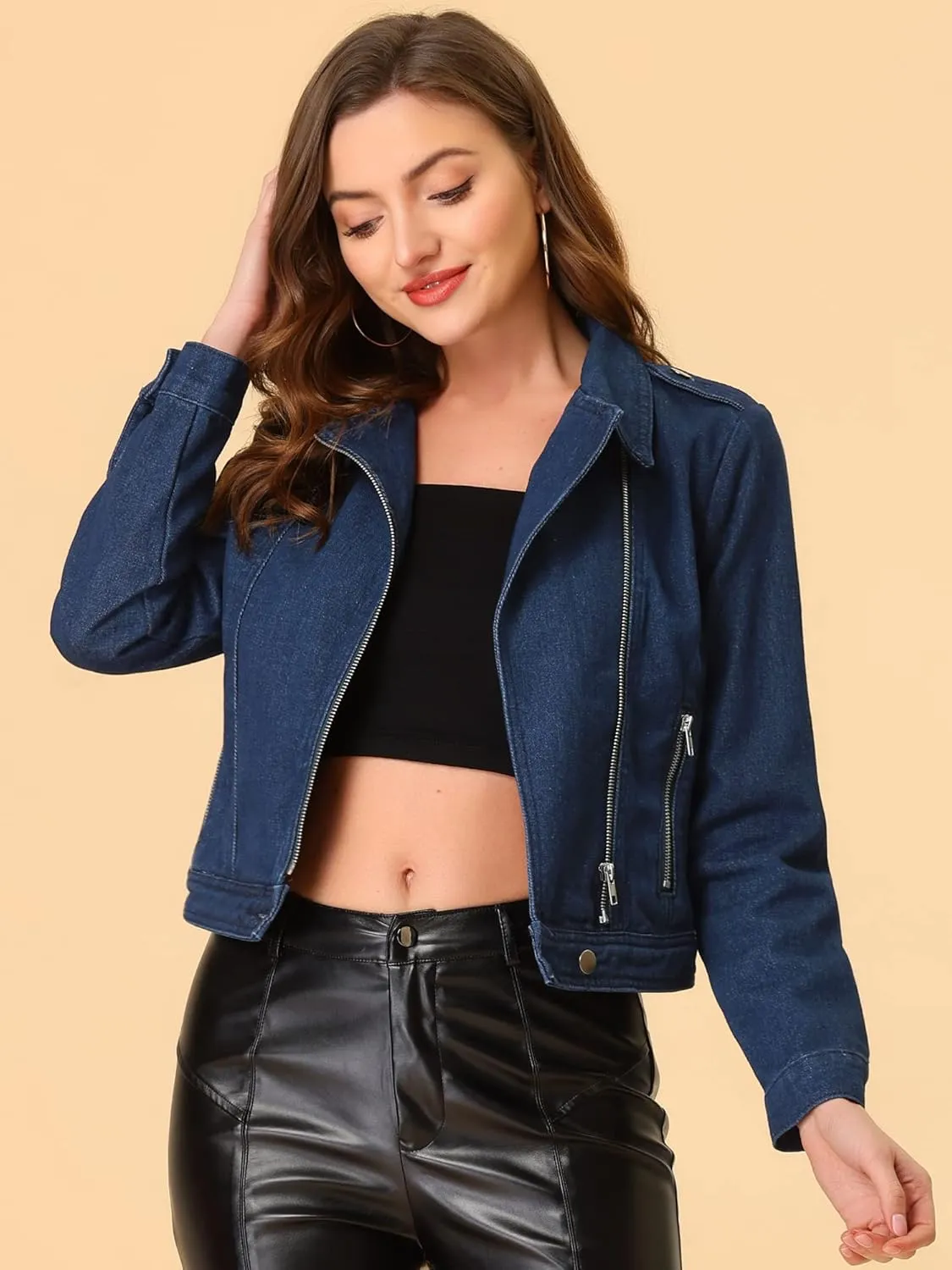 Allegra K Women's Chic Denim Jackets Notched Collar Inclined Zip Closure Biker Motocycle Jacket Outerwear
