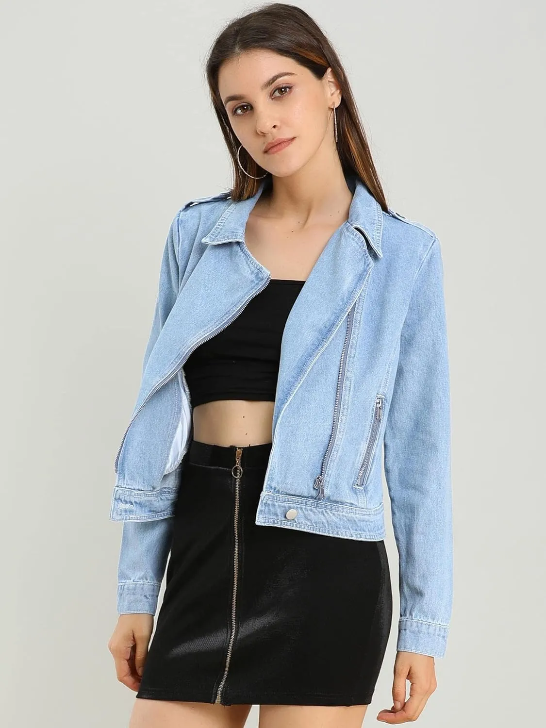 Allegra K Women's Chic Denim Jackets Notched Collar Inclined Zip Closure Biker Motocycle Jacket Outerwear