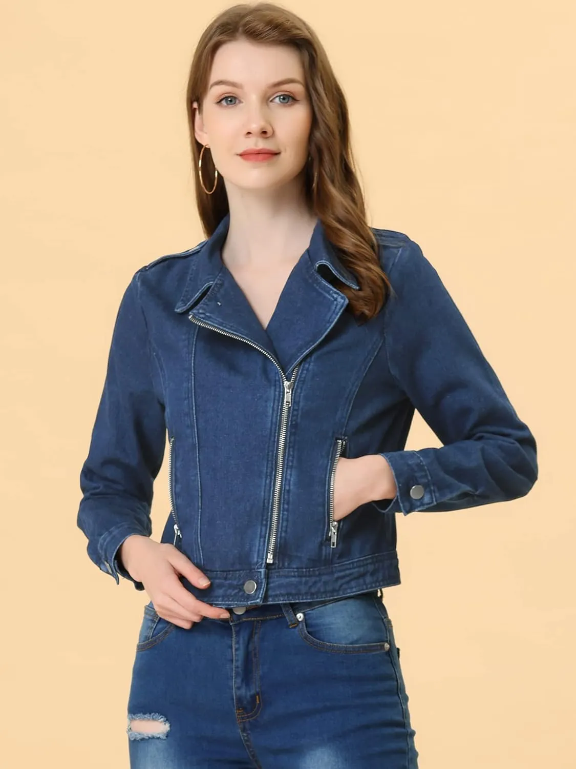 Allegra K Women's Chic Denim Jackets Notched Collar Inclined Zip Closure Biker Motocycle Jacket Outerwear