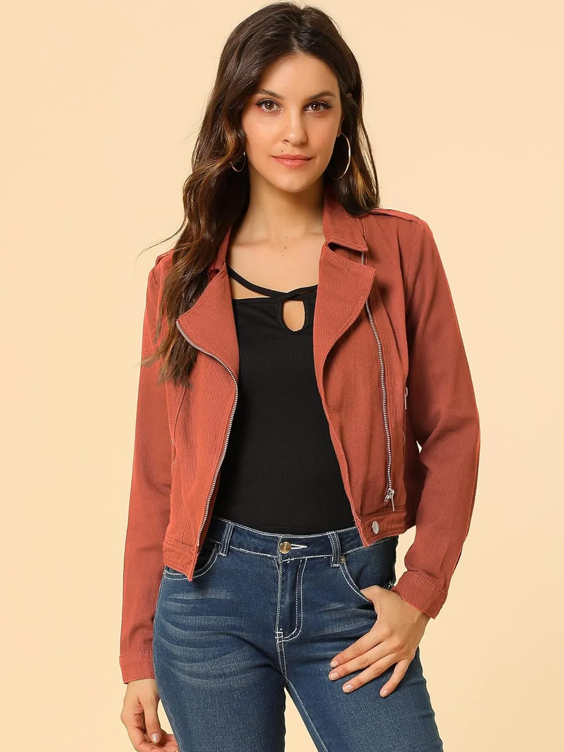 Allegra K Women's Chic Denim Jackets Notched Collar Inclined Zip Closure Biker Motocycle Jacket Outerwear
