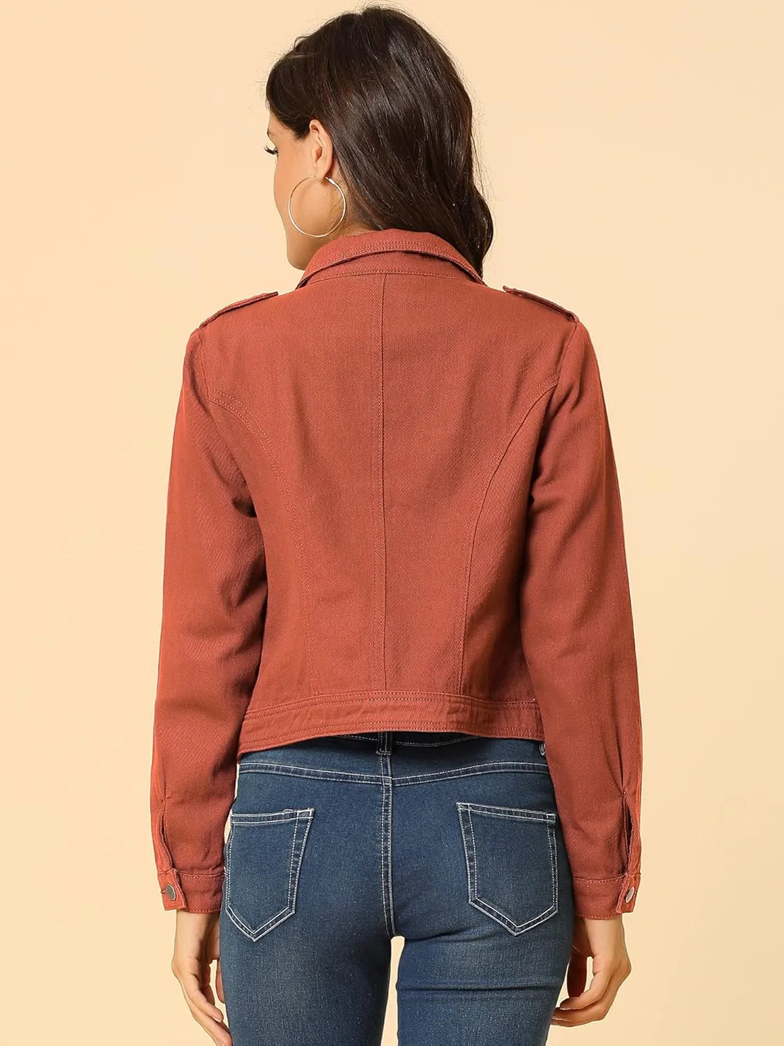 Allegra K Women's Chic Denim Jackets Notched Collar Inclined Zip Closure Biker Motocycle Jacket Outerwear