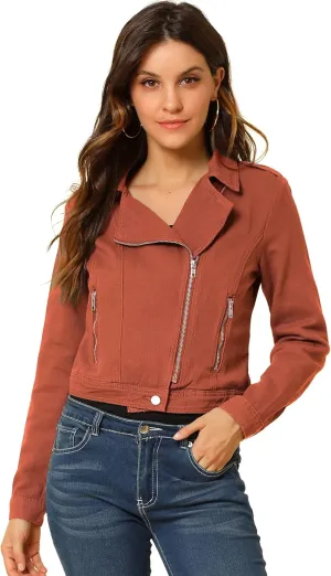 Allegra K Women's Chic Denim Jackets Notched Collar Inclined Zip Closure Biker Motocycle Jacket Outerwear