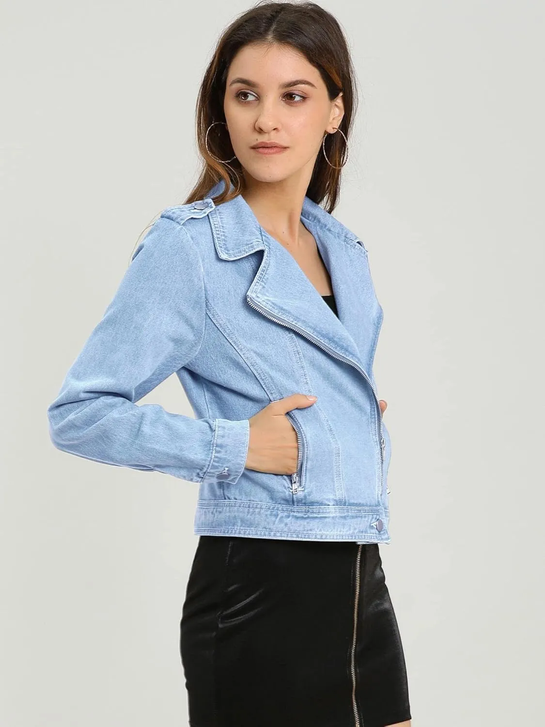 Allegra K Women's Chic Denim Jackets Notched Collar Inclined Zip Closure Biker Motocycle Jacket Outerwear