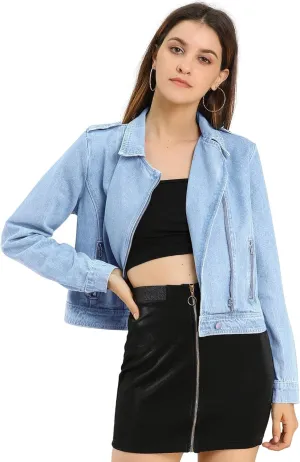 Allegra K Women's Chic Denim Jackets Notched Collar Inclined Zip Closure Biker Motocycle Jacket Outerwear