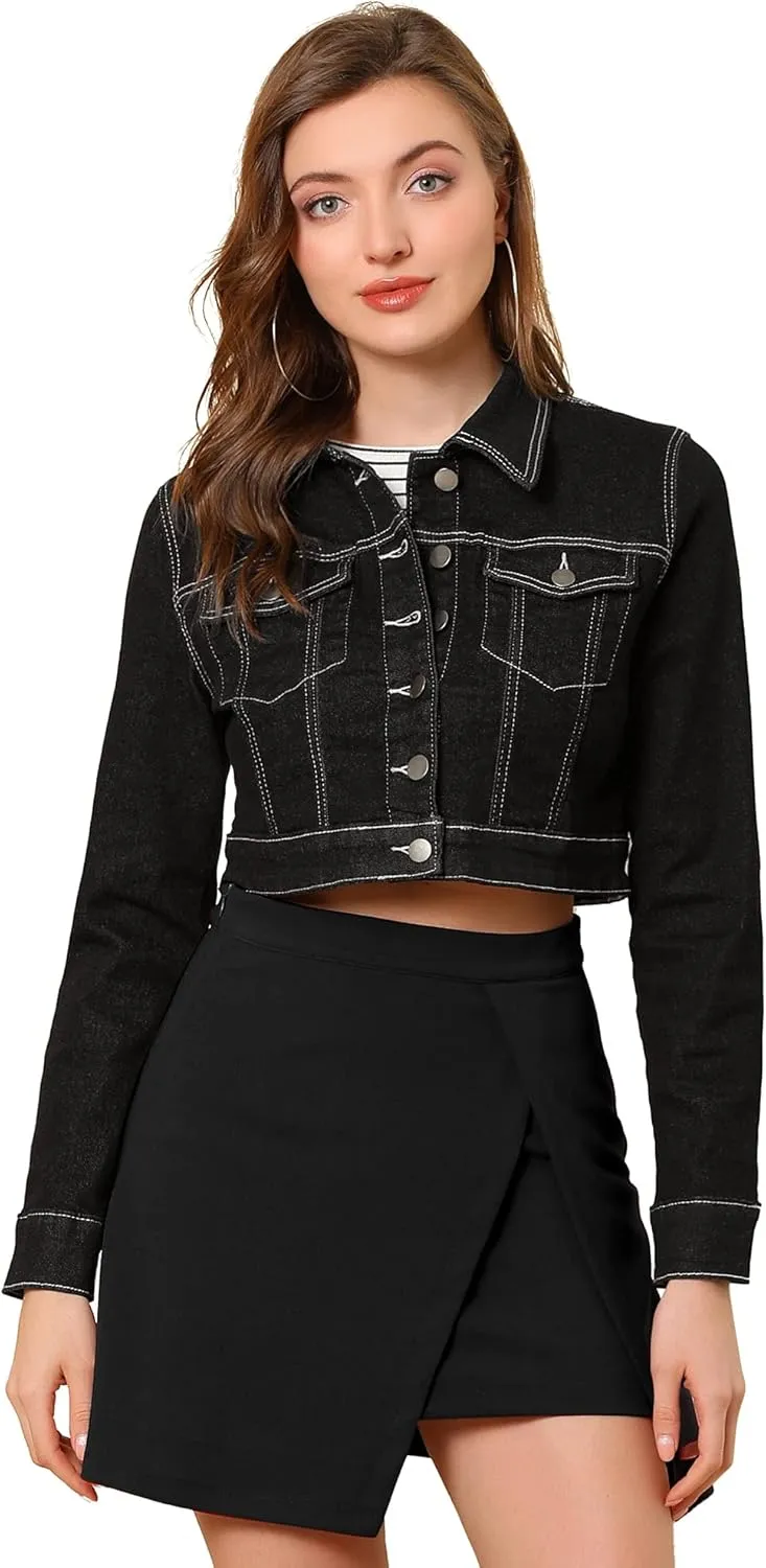 Allegra K Women's Denim Jackets 2025 Casual Button Down Long Sleeves Crop Jean Jacket