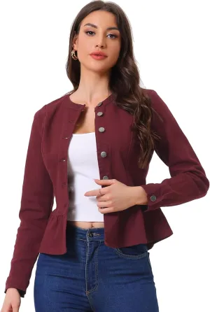 Allegra K Women's Peplum Denim Jackets Collarless Round Neck Button Down Cropped Ruffle Hem Jacket