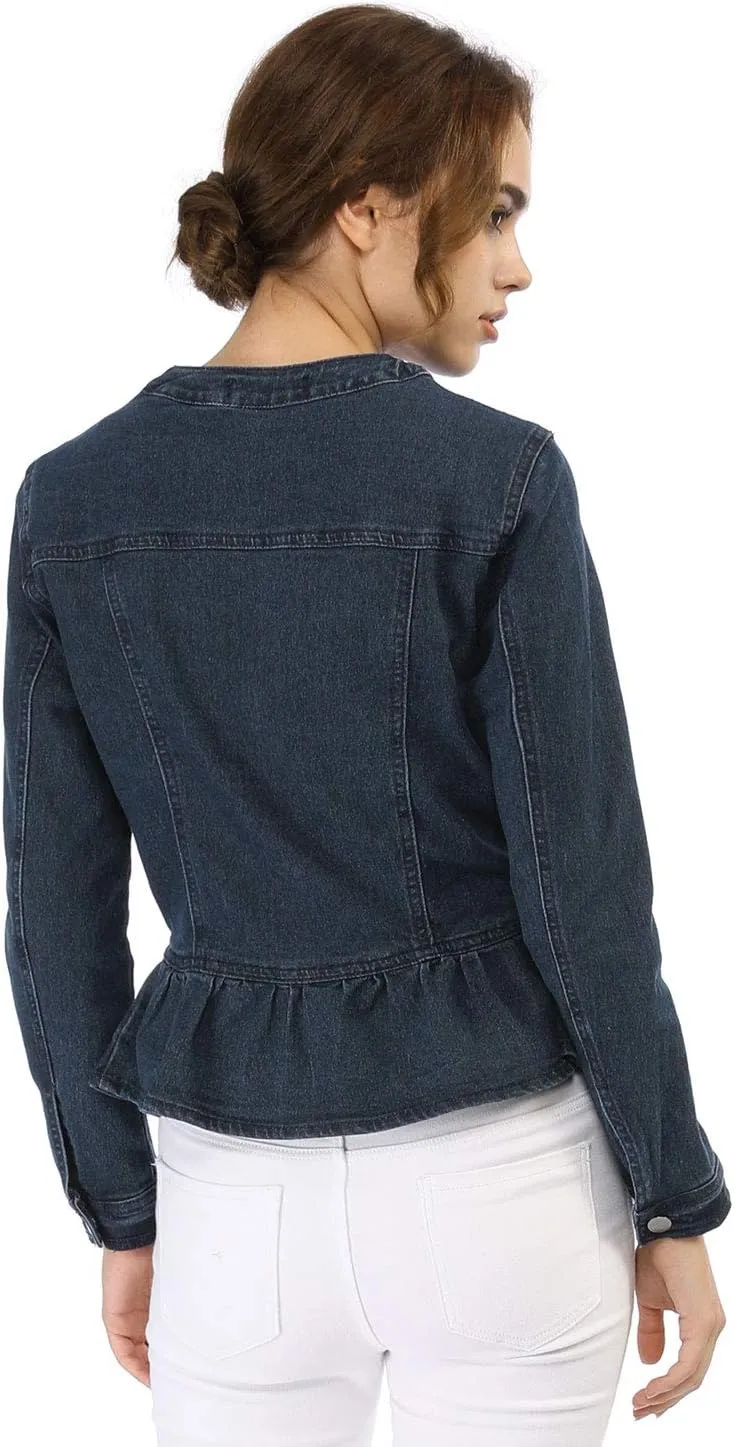 Allegra K Women's Peplum Denim Jackets Collarless Round Neck Button Down Cropped Ruffle Hem Jacket