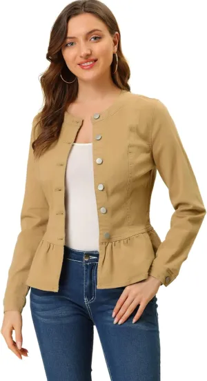 Allegra K Women's Peplum Denim Jackets Collarless Round Neck Button Down Cropped Ruffle Hem Jacket