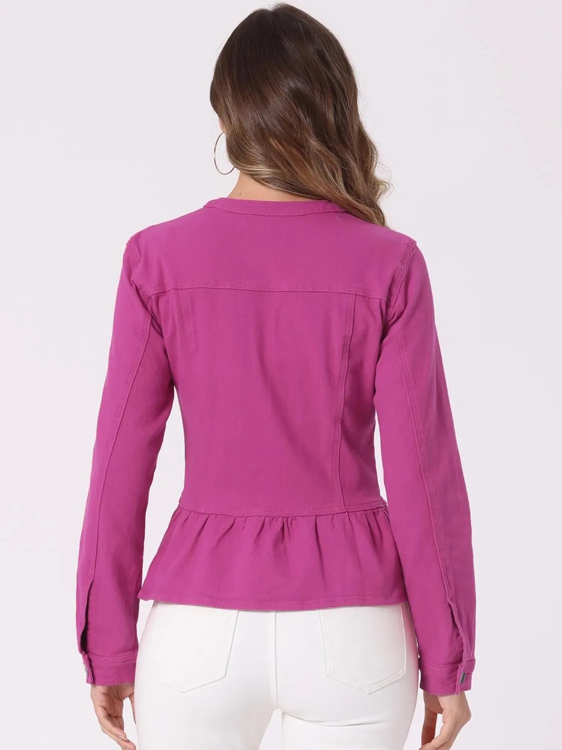 Allegra K Women's Peplum Denim Jackets Collarless Round Neck Button Down Cropped Ruffle Hem Jacket