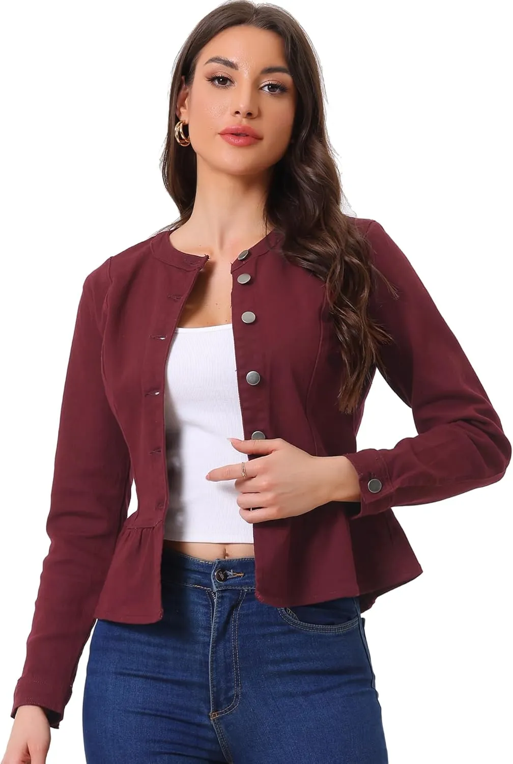 Allegra K Women's Peplum Denim Jackets Collarless Round Neck Button Down Cropped Ruffle Hem Jacket