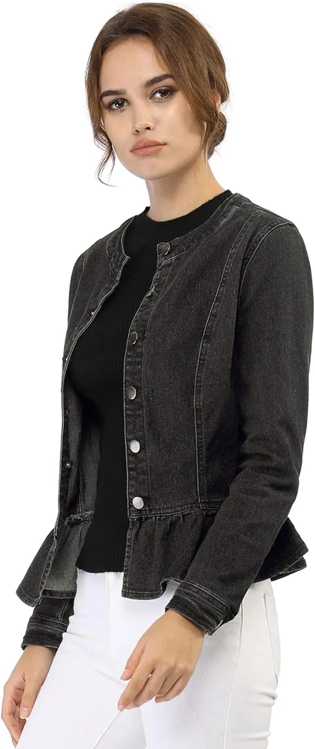 Allegra K Women's Peplum Denim Jackets Collarless Round Neck Button Down Cropped Ruffle Hem Jacket