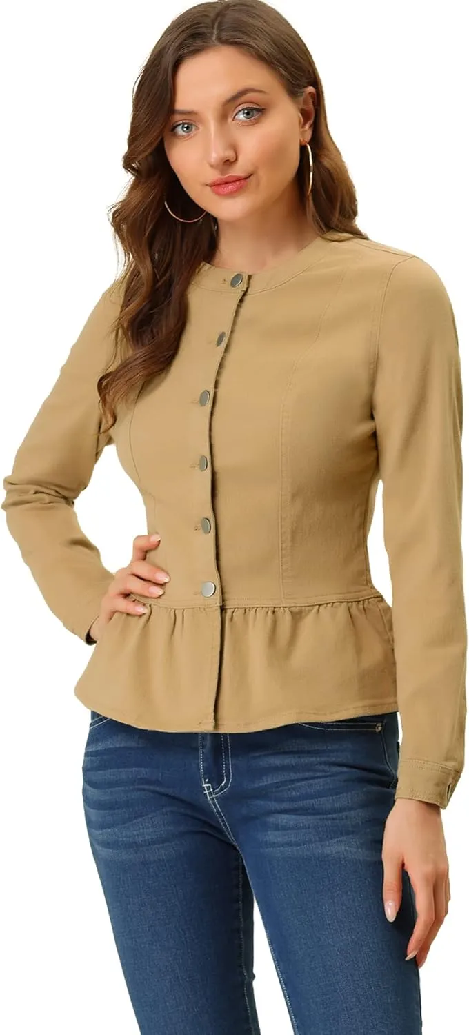 Allegra K Women's Peplum Denim Jackets Collarless Round Neck Button Down Cropped Ruffle Hem Jacket