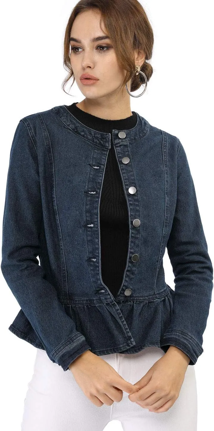 Allegra K Women's Peplum Denim Jackets Collarless Round Neck Button Down Cropped Ruffle Hem Jacket