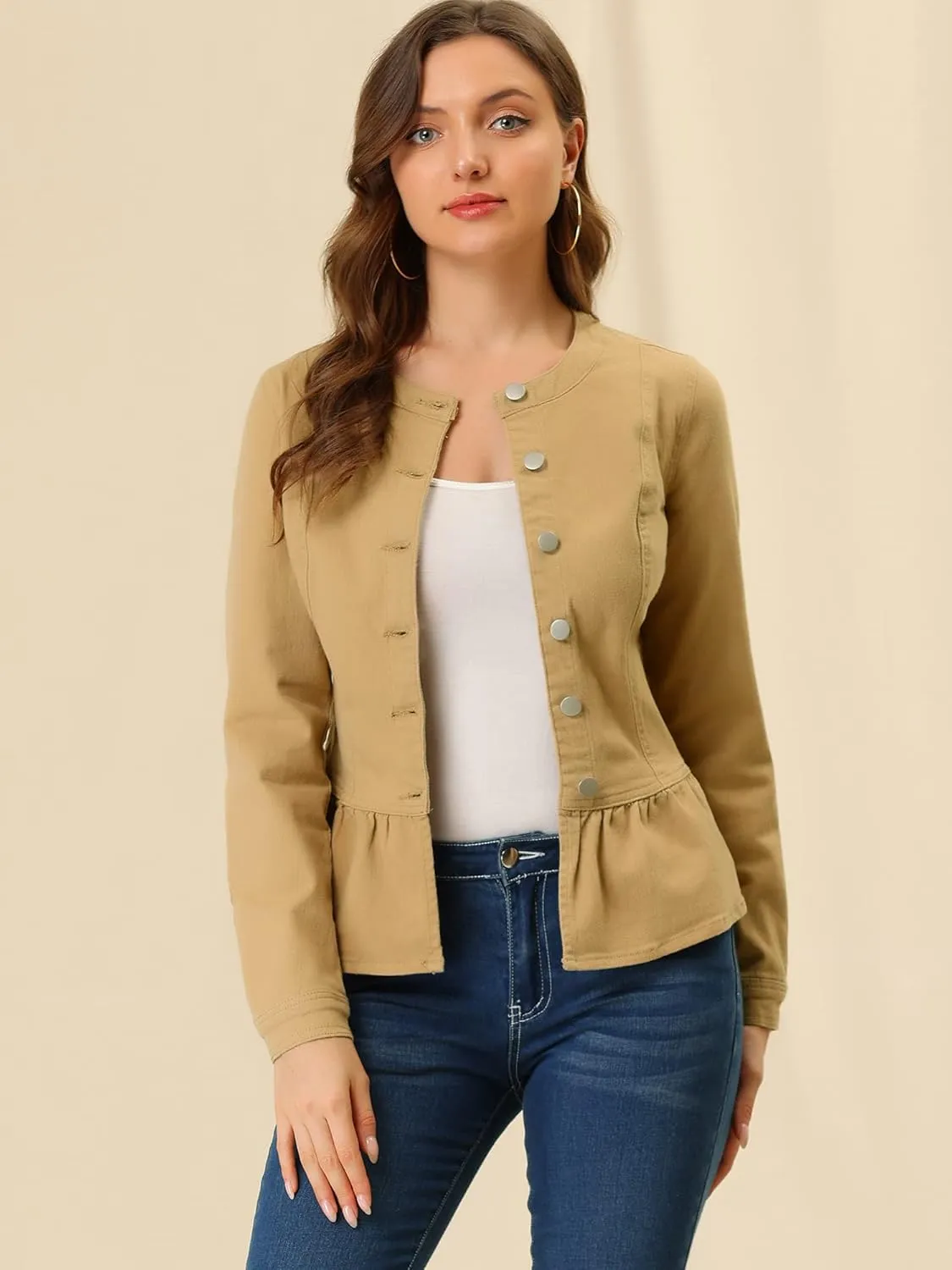 Allegra K Women's Peplum Denim Jackets Collarless Round Neck Button Down Cropped Ruffle Hem Jacket