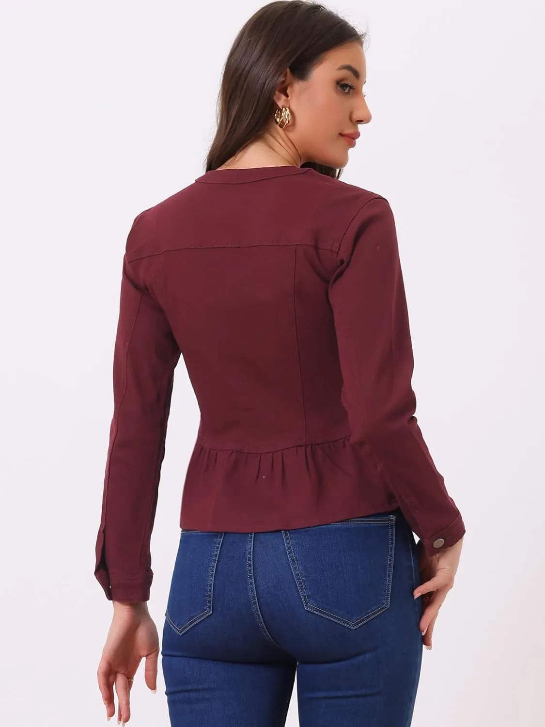 Allegra K Women's Peplum Denim Jackets Collarless Round Neck Button Down Cropped Ruffle Hem Jacket