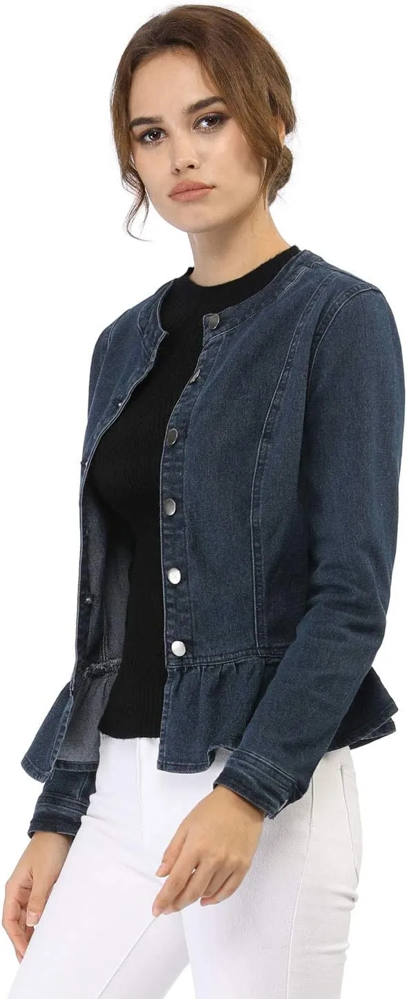 Allegra K Women's Peplum Denim Jackets Collarless Round Neck Button Down Cropped Ruffle Hem Jacket