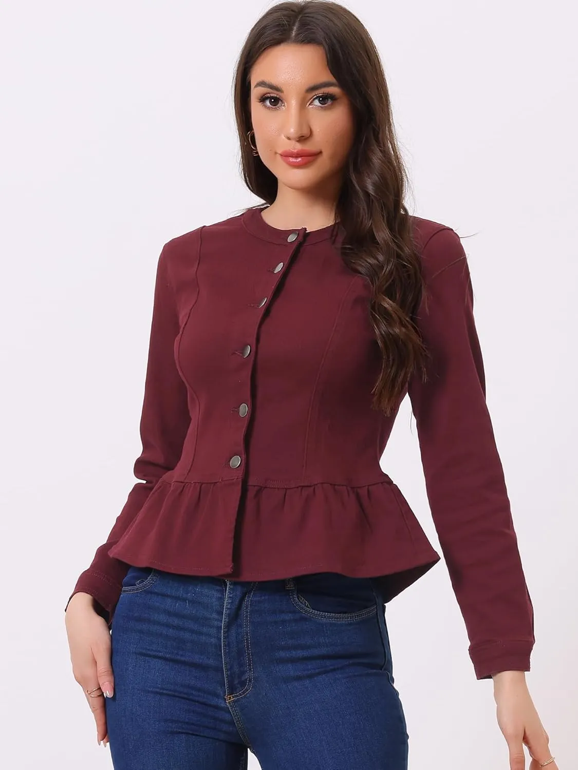 Allegra K Women's Peplum Denim Jackets Collarless Round Neck Button Down Cropped Ruffle Hem Jacket