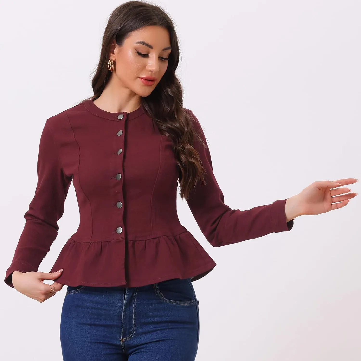 Allegra K Women's Peplum Denim Jackets Collarless Round Neck Button Down Cropped Ruffle Hem Jacket