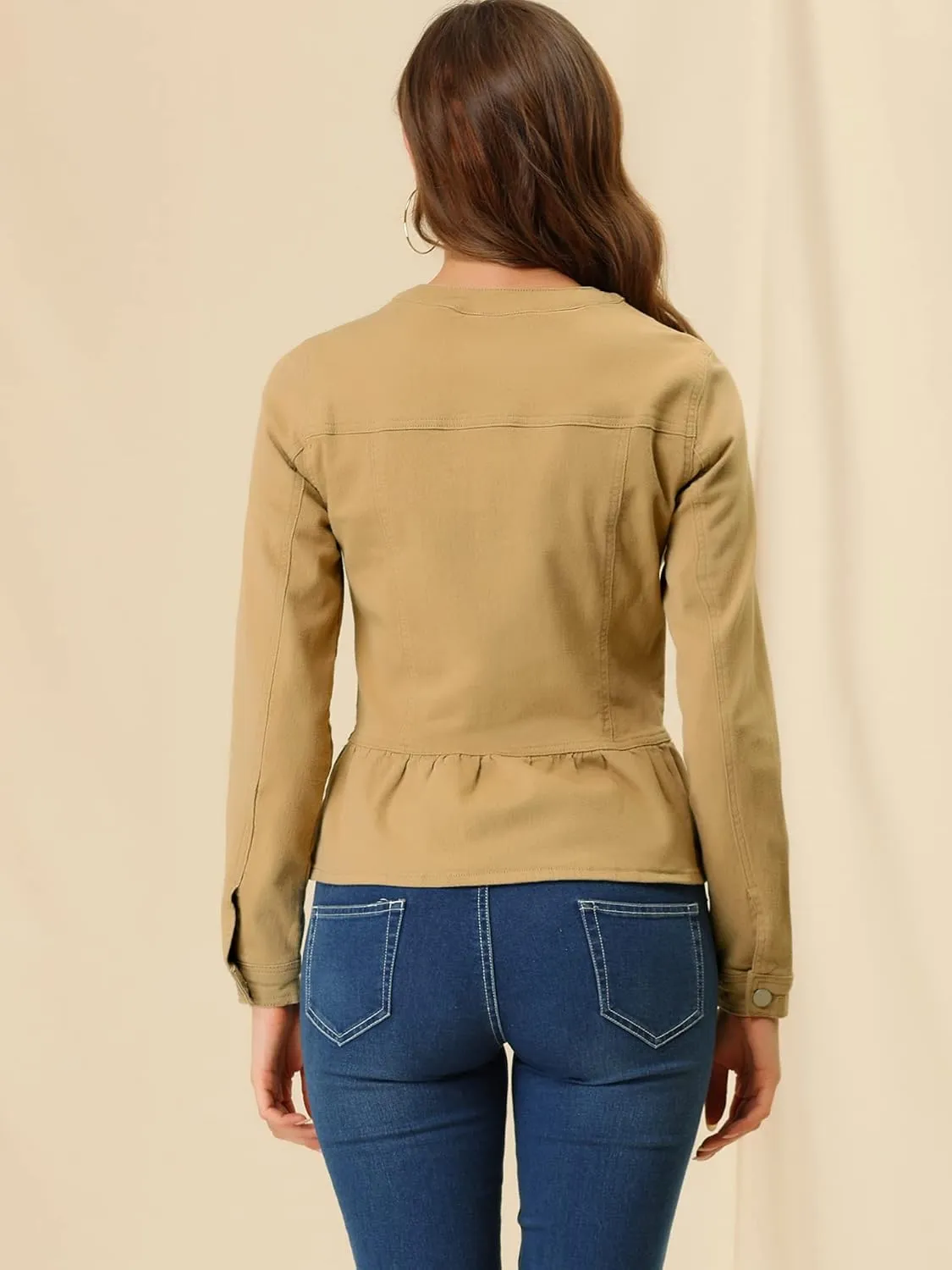 Allegra K Women's Peplum Denim Jackets Collarless Round Neck Button Down Cropped Ruffle Hem Jacket