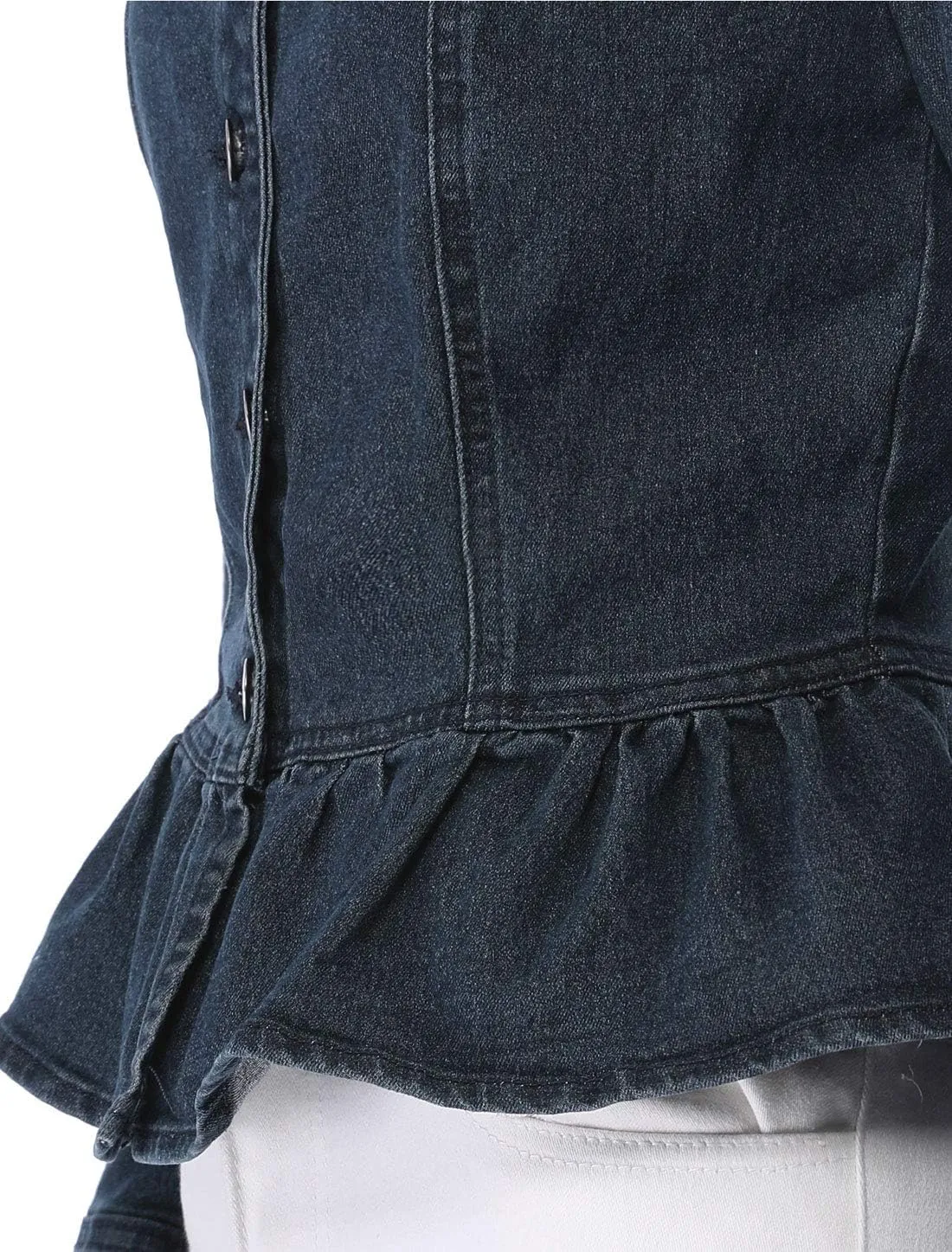 Allegra K Women's Peplum Denim Jackets Collarless Round Neck Button Down Cropped Ruffle Hem Jacket