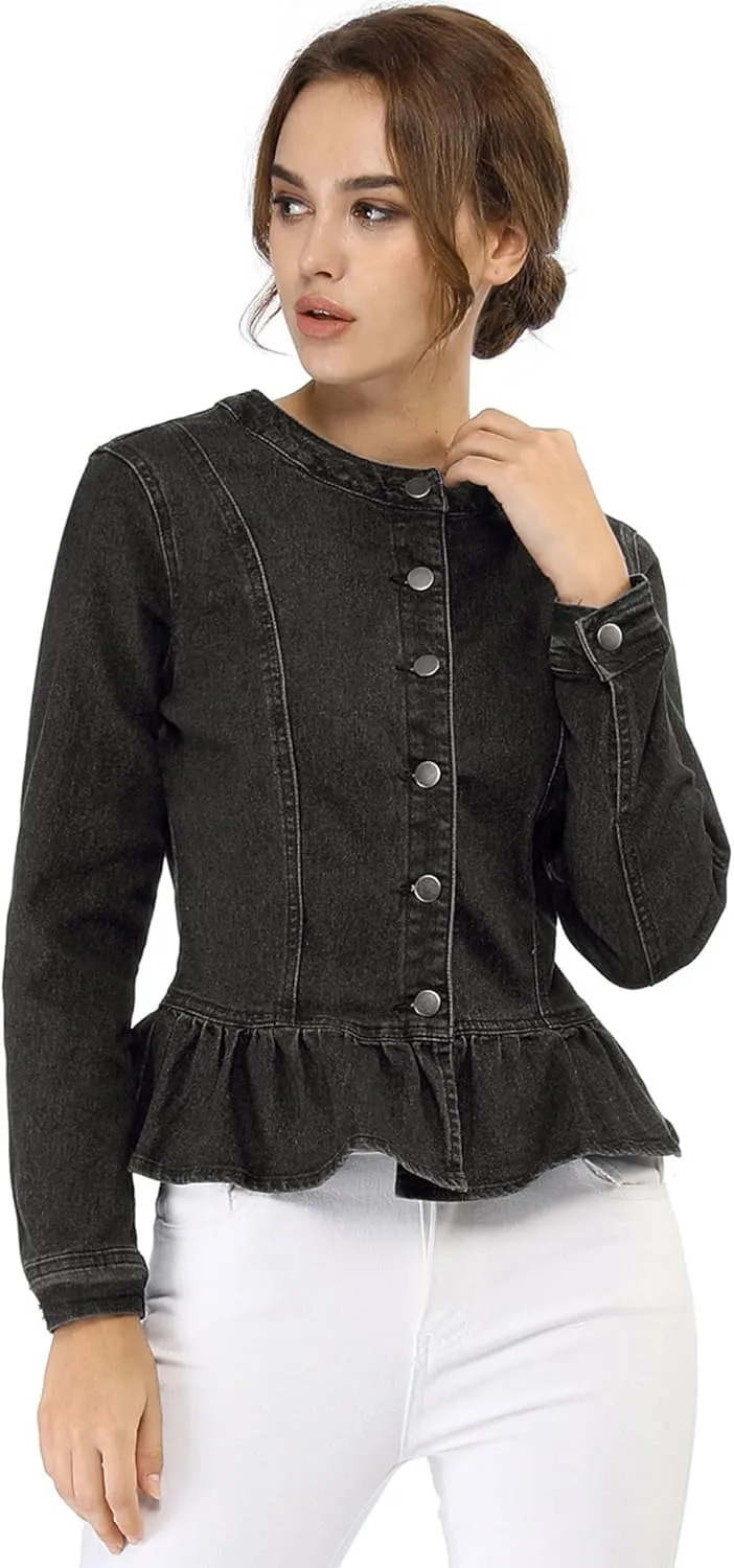 Allegra K Women's Peplum Denim Jackets Collarless Round Neck Button Down Cropped Ruffle Hem Jacket