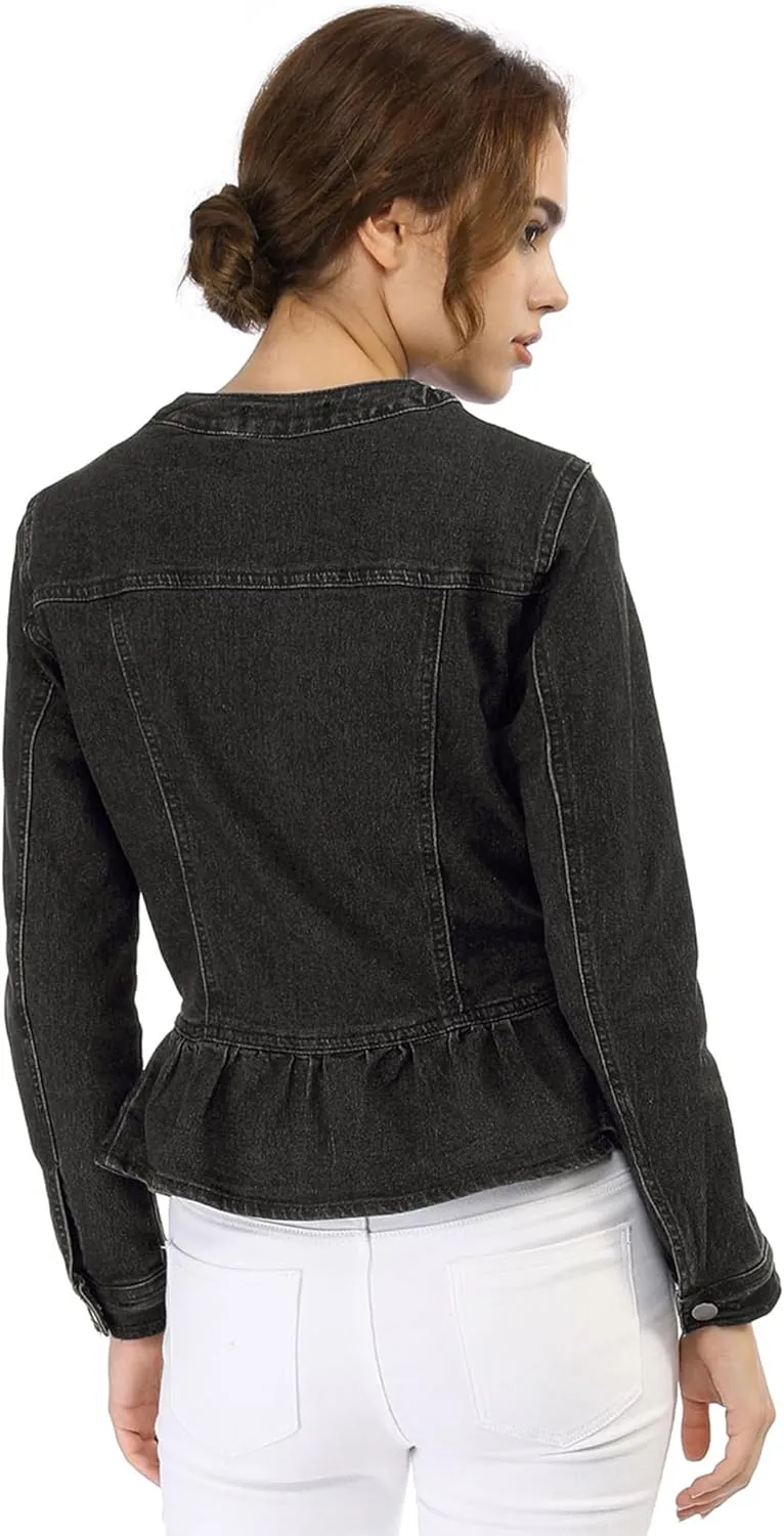 Allegra K Women's Peplum Denim Jackets Collarless Round Neck Button Down Cropped Ruffle Hem Jacket