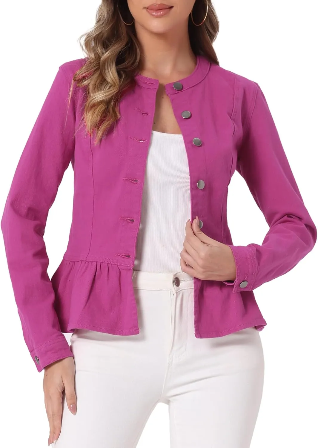 Allegra K Women's Peplum Denim Jackets Collarless Round Neck Button Down Cropped Ruffle Hem Jacket