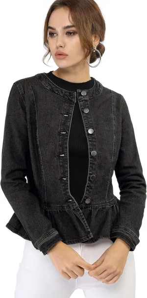 Allegra K Women's Peplum Denim Jackets Collarless Round Neck Button Down Cropped Ruffle Hem Jacket