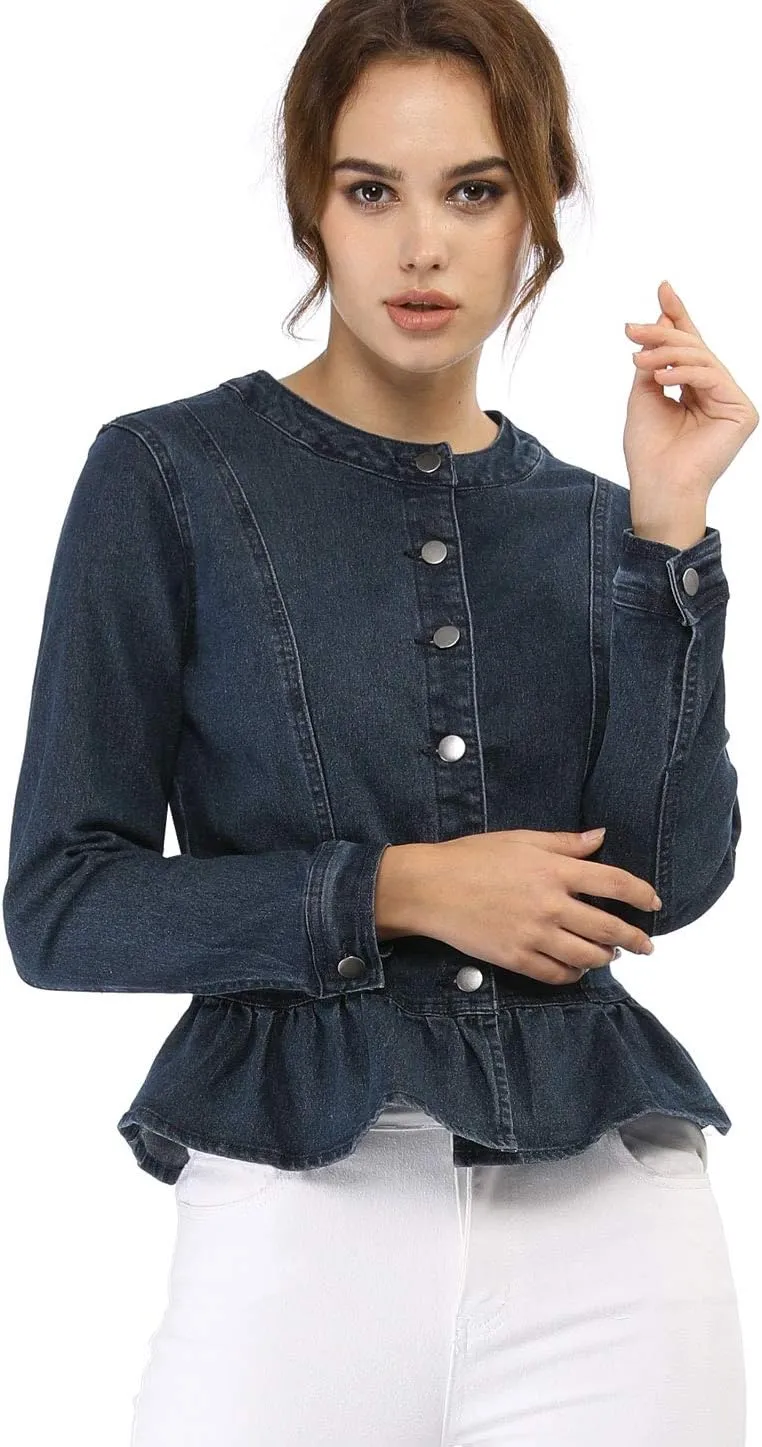 Allegra K Women's Peplum Denim Jackets Collarless Round Neck Button Down Cropped Ruffle Hem Jacket