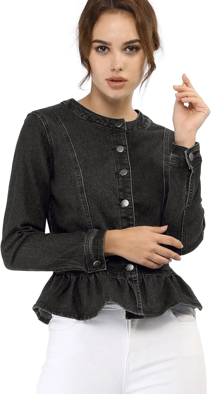 Allegra K Women's Peplum Denim Jackets Collarless Round Neck Button Down Cropped Ruffle Hem Jacket