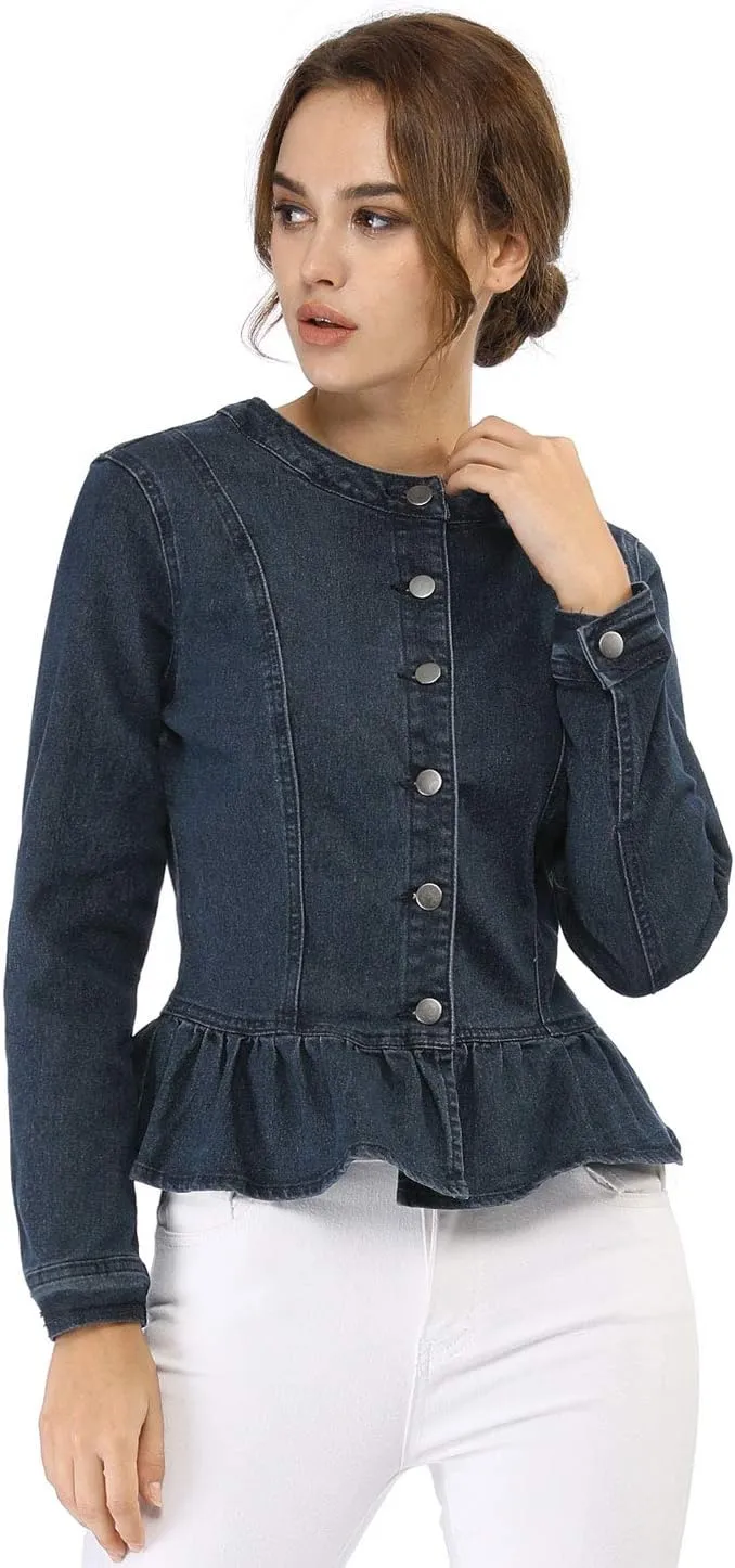Allegra K Women's Peplum Denim Jackets Collarless Round Neck Button Down Cropped Ruffle Hem Jacket