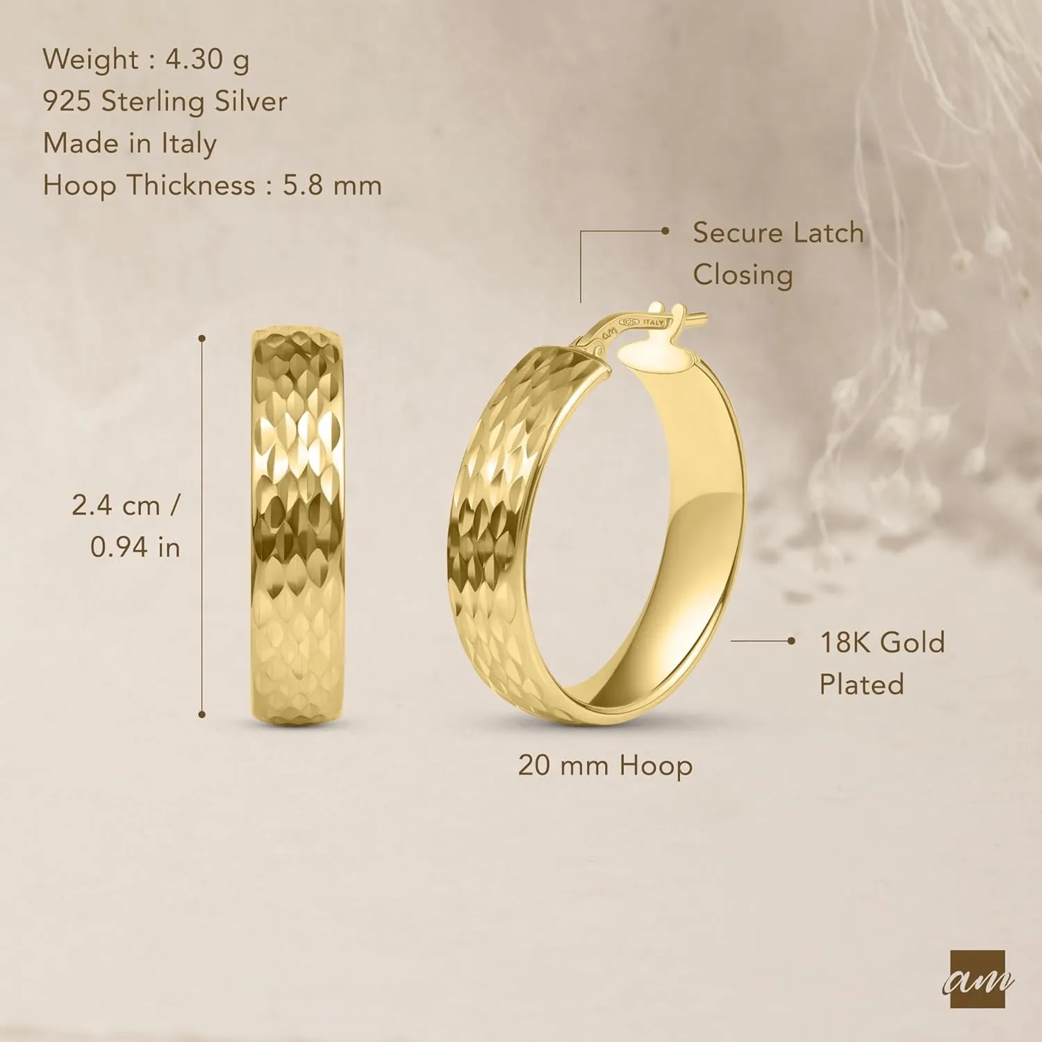 Amberta Women Handmade 925 Sterling Silver Chunky Hoop Earrings