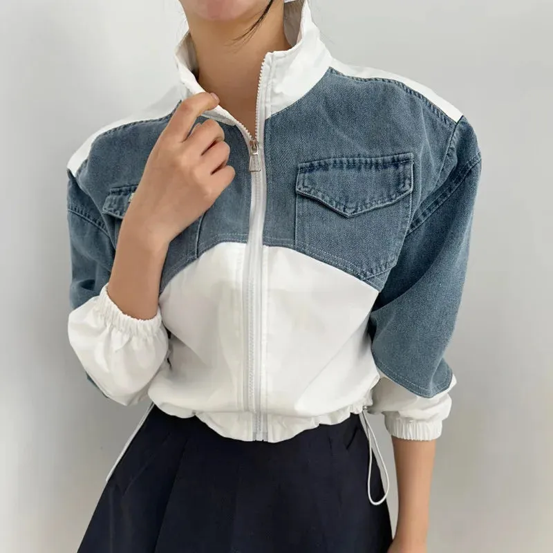 American Vintage Stand Collar Denim Jacket  Y2K Loose Fit for Autumn & Winter