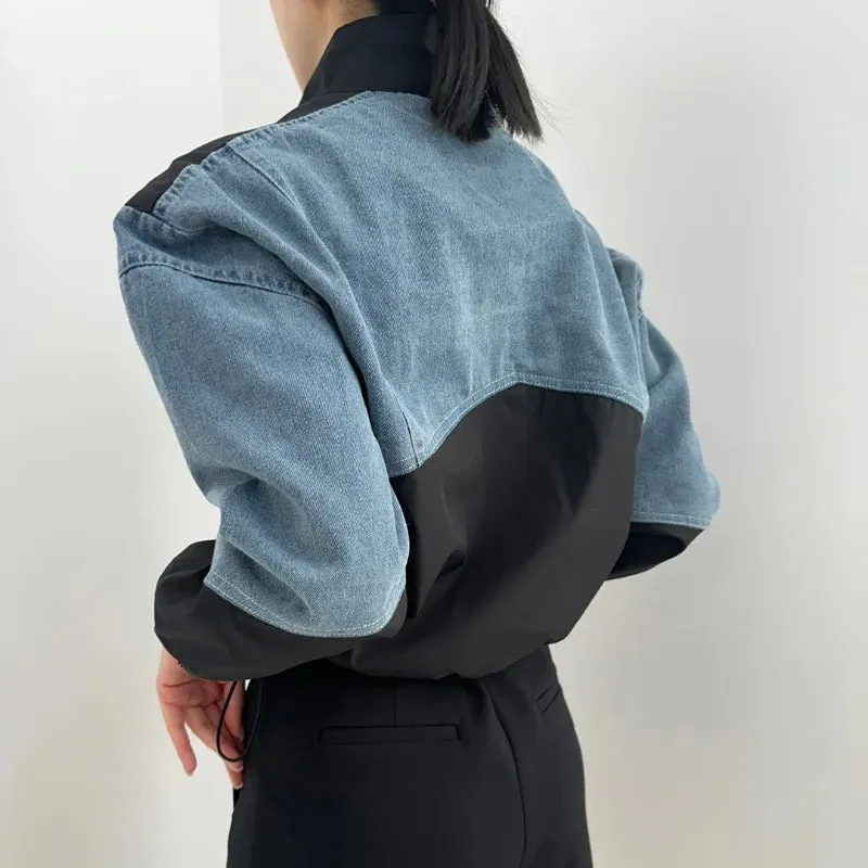 American Vintage Stand Collar Denim Jacket  Y2K Loose Fit for Autumn & Winter