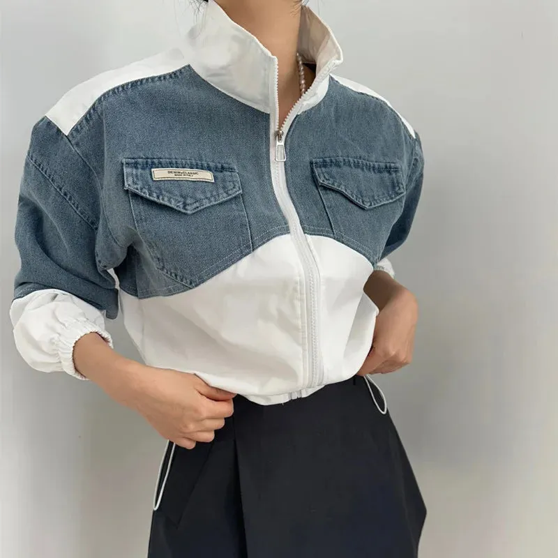 American Vintage Stand Collar Denim Jacket  Y2K Loose Fit for Autumn & Winter