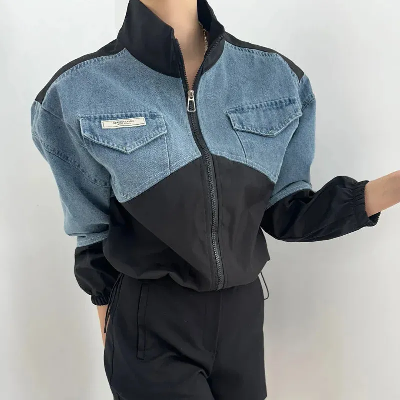 American Vintage Stand Collar Denim Jacket  Y2K Loose Fit for Autumn & Winter
