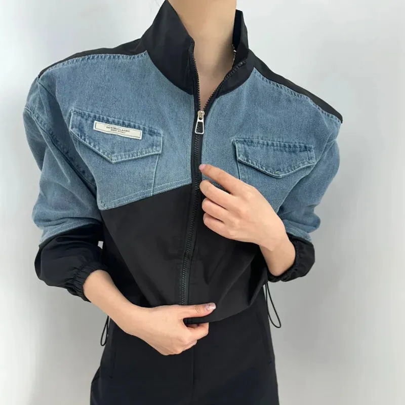 American Vintage Stand Collar Denim Jacket  Y2K Loose Fit for Autumn & Winter