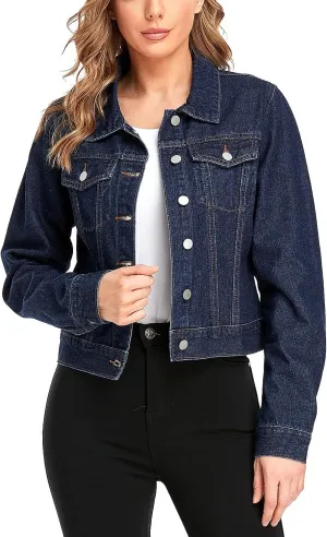 andy & natalie Women's Denim Jackets Cropped Long Sleeve Basic Button Down Crop Jean Shacket with Pockets