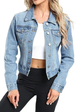 andy & natalie Women's Denim Jackets Cropped Long Sleeve Basic Button Down Crop Jean Shacket with Pockets