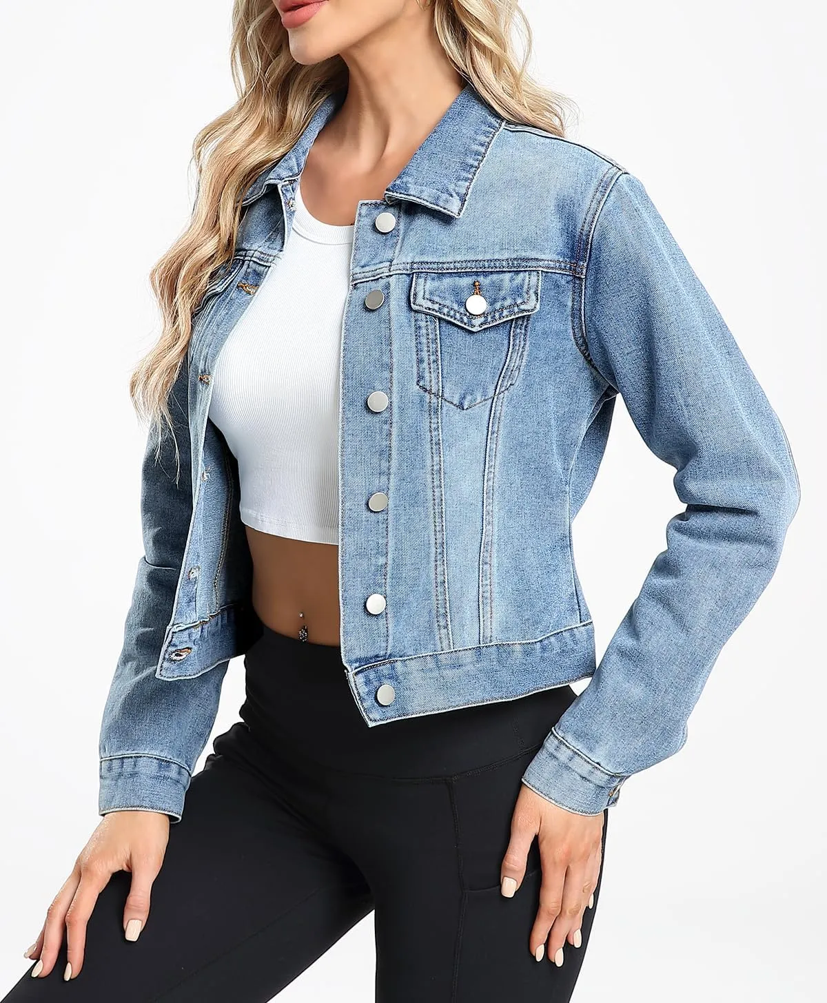 andy & natalie Women's Denim Jackets Cropped Long Sleeve Basic Button Down Crop Jean Shacket with Pockets