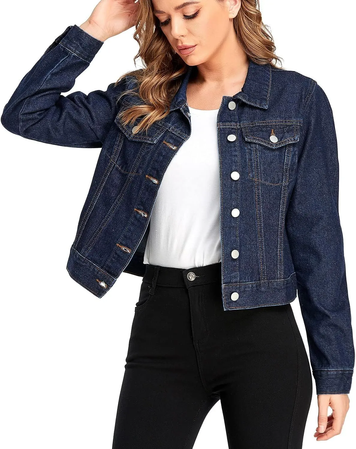 andy & natalie Women's Denim Jackets Cropped Long Sleeve Basic Button Down Crop Jean Shacket with Pockets