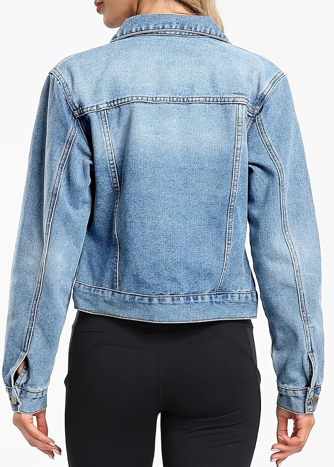 andy & natalie Women's Denim Jackets Cropped Long Sleeve Basic Button Down Crop Jean Shacket with Pockets