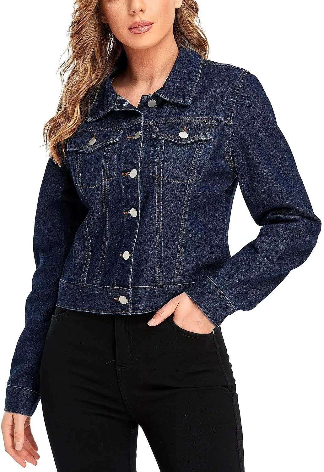 andy & natalie Women's Denim Jackets Cropped Long Sleeve Basic Button Down Crop Jean Shacket with Pockets