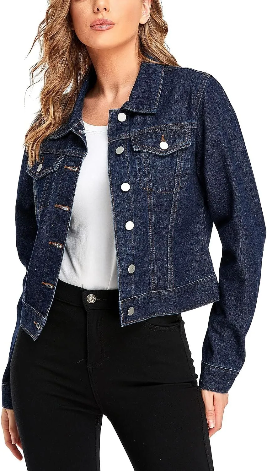 andy & natalie Women's Denim Jackets Cropped Long Sleeve Basic Button Down Crop Jean Shacket with Pockets