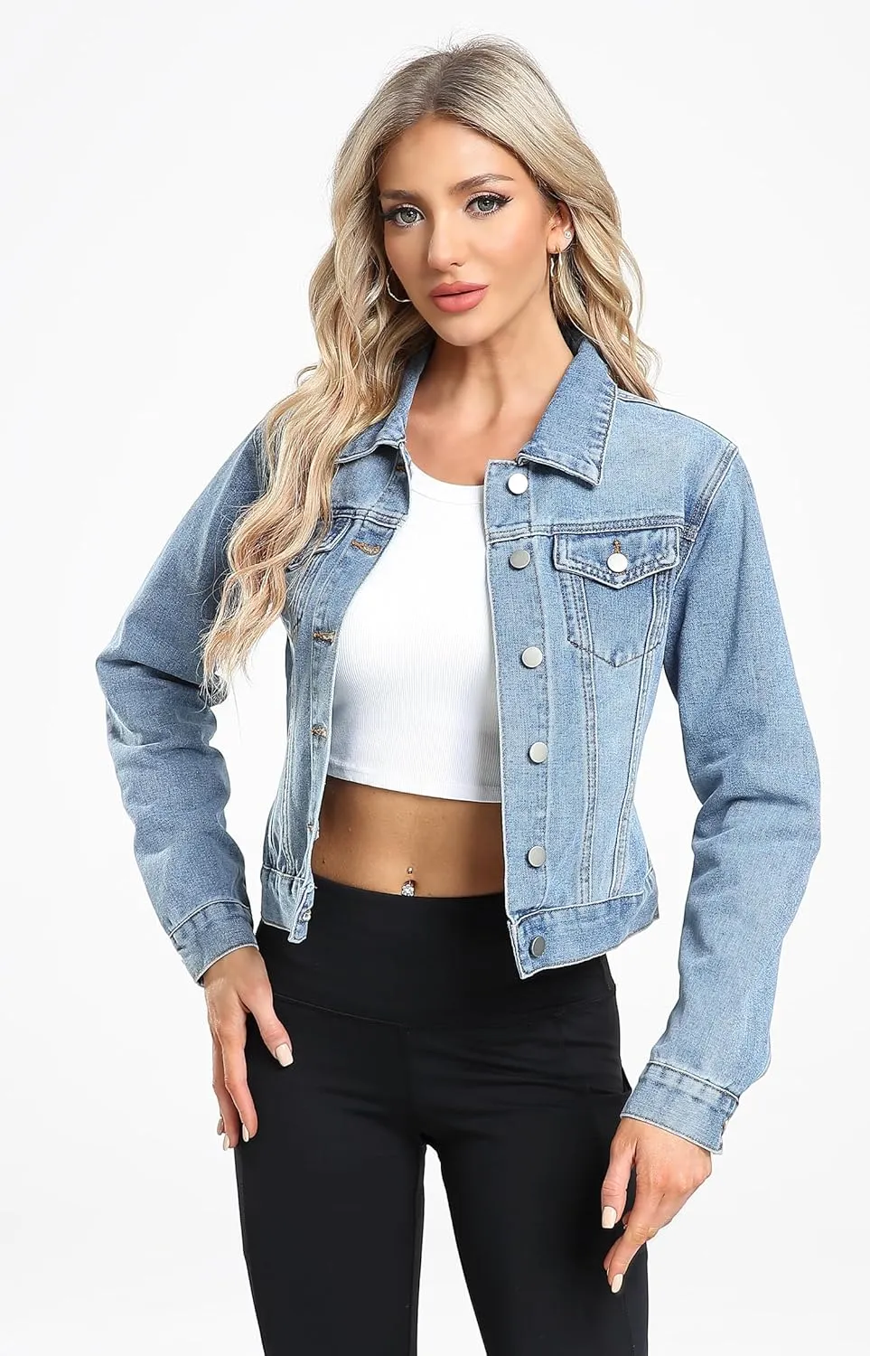 andy & natalie Women's Denim Jackets Cropped Long Sleeve Basic Button Down Crop Jean Shacket with Pockets